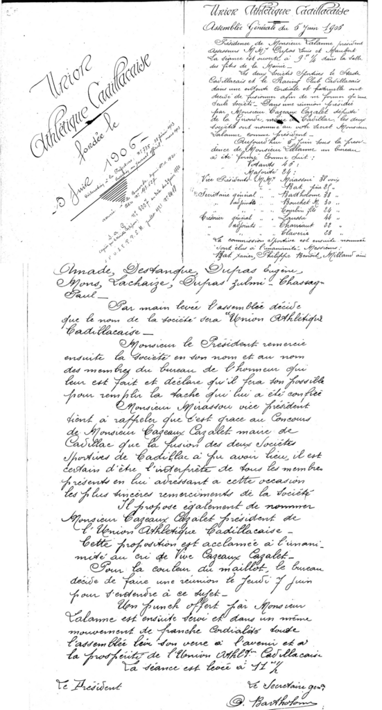 ASSEMBLEE GENERALE UA CADILLAC RUGBY 5 JUIN 1906