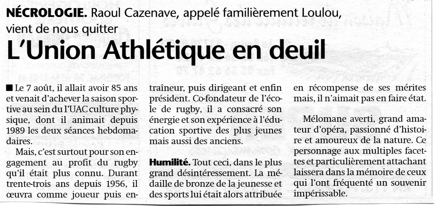 Décès de Raoul Cazenave co fondateur de l'école de rugby de Cadillac 8 août 2003