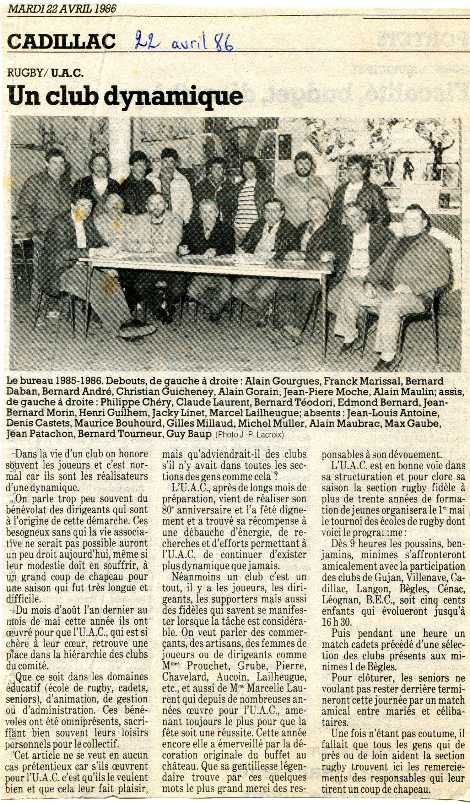 Le bureau de l'ua cadillac rugby 22 avril 1986
