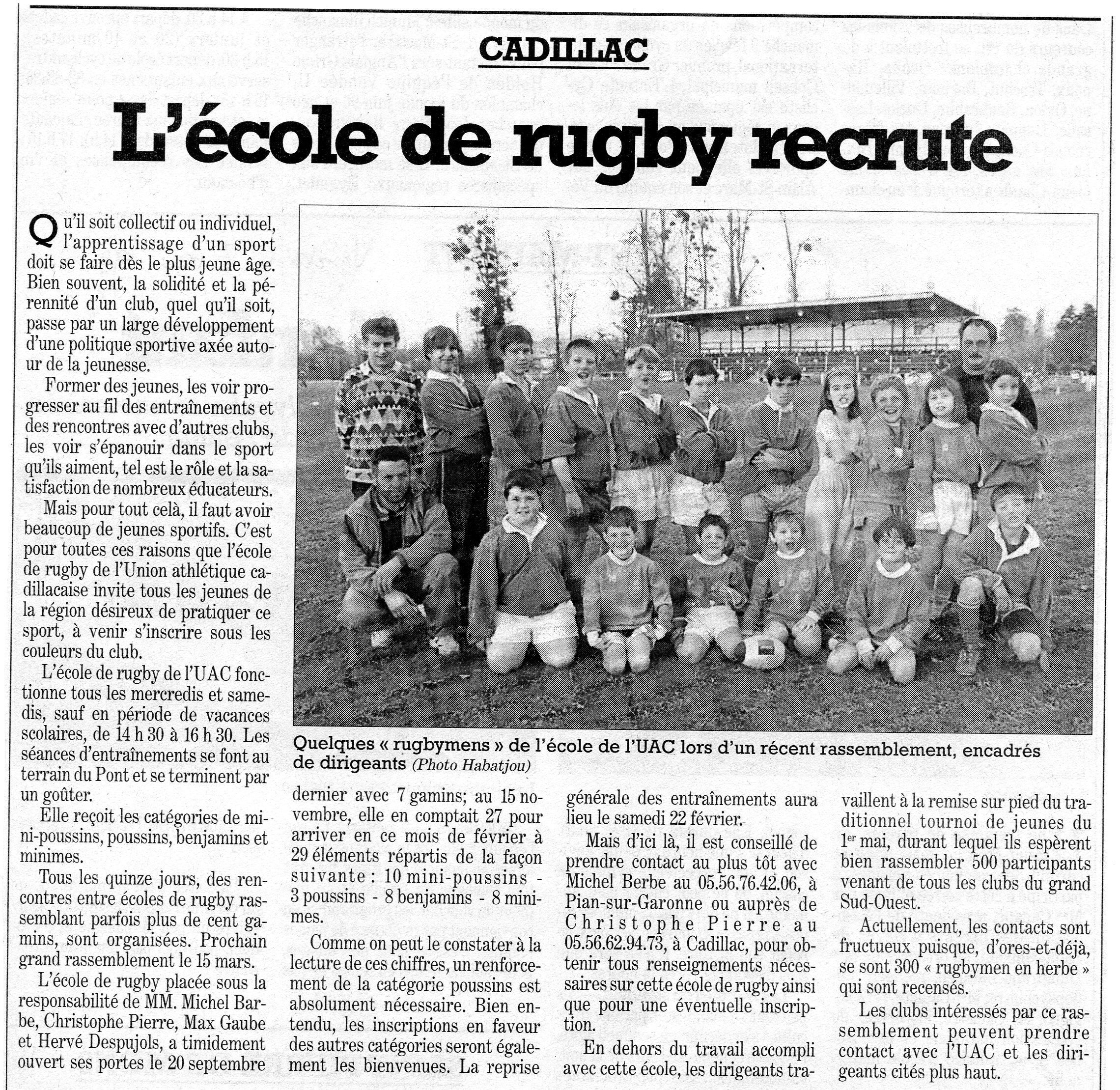 L'école de rugby de Cadillac recrute 7 février 1997
