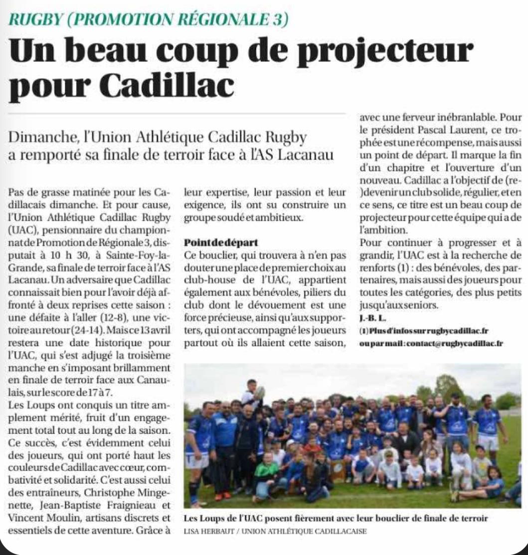 Article SUDOUEST finale terroir promotion régional 3 UA CADILLAC RUGBY